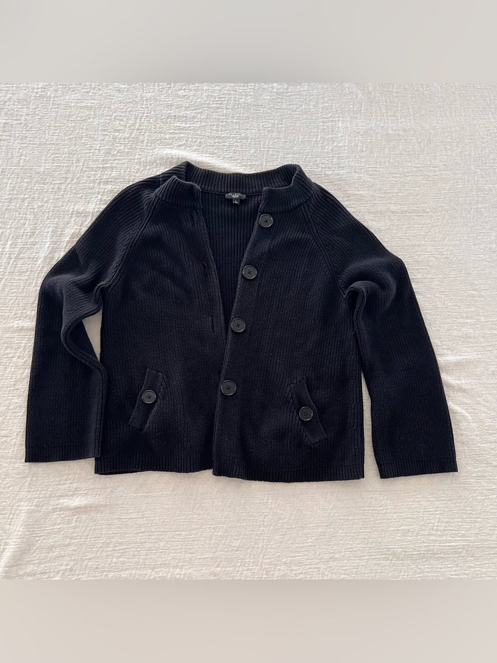 Talbots Petite L Black Ribbed Knit Cowl-Neck Button Front Cardigan Sweater